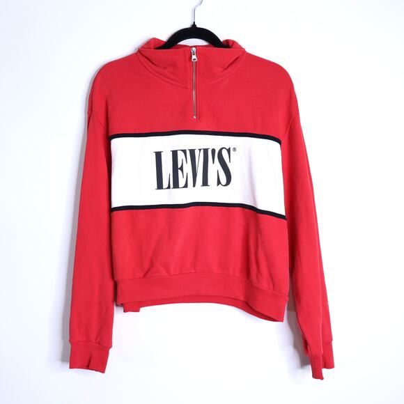 LEVI'S Half Zip Logo Sweatshirt Pullover Red Mock Neck Long Sleeve Women's M - Picture 2 of 12
